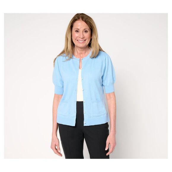 Isaac Mizrahi Live! Women's Top Sweater Sz M Button Front Silk Blue A684993 - Picture 1 of 4